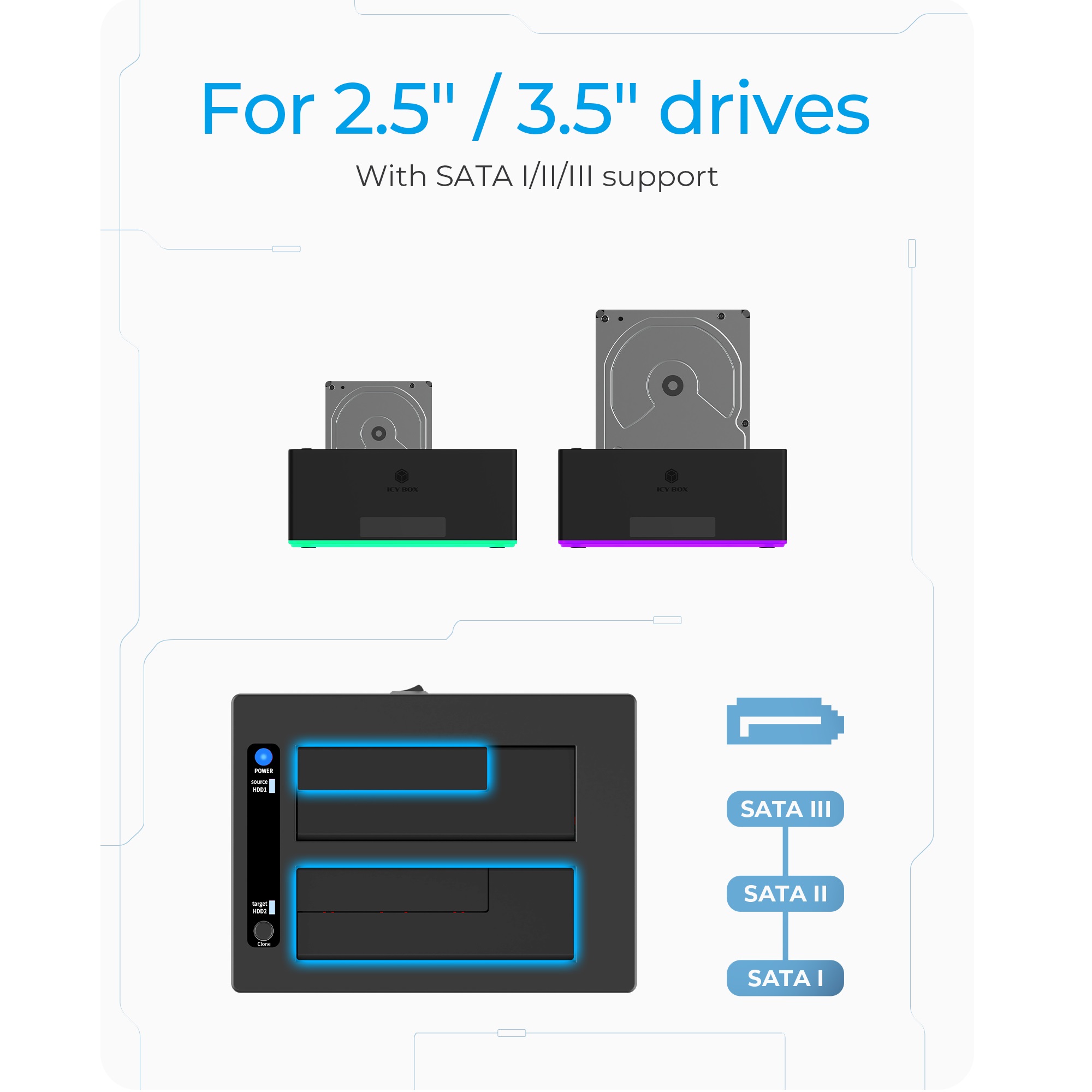 ICYBOX IB-127CL-U3 :: Docking и Clone Station за 2x 2.5" и 3.5" SATA HDD/SSD, USB 3.0 - Image 2